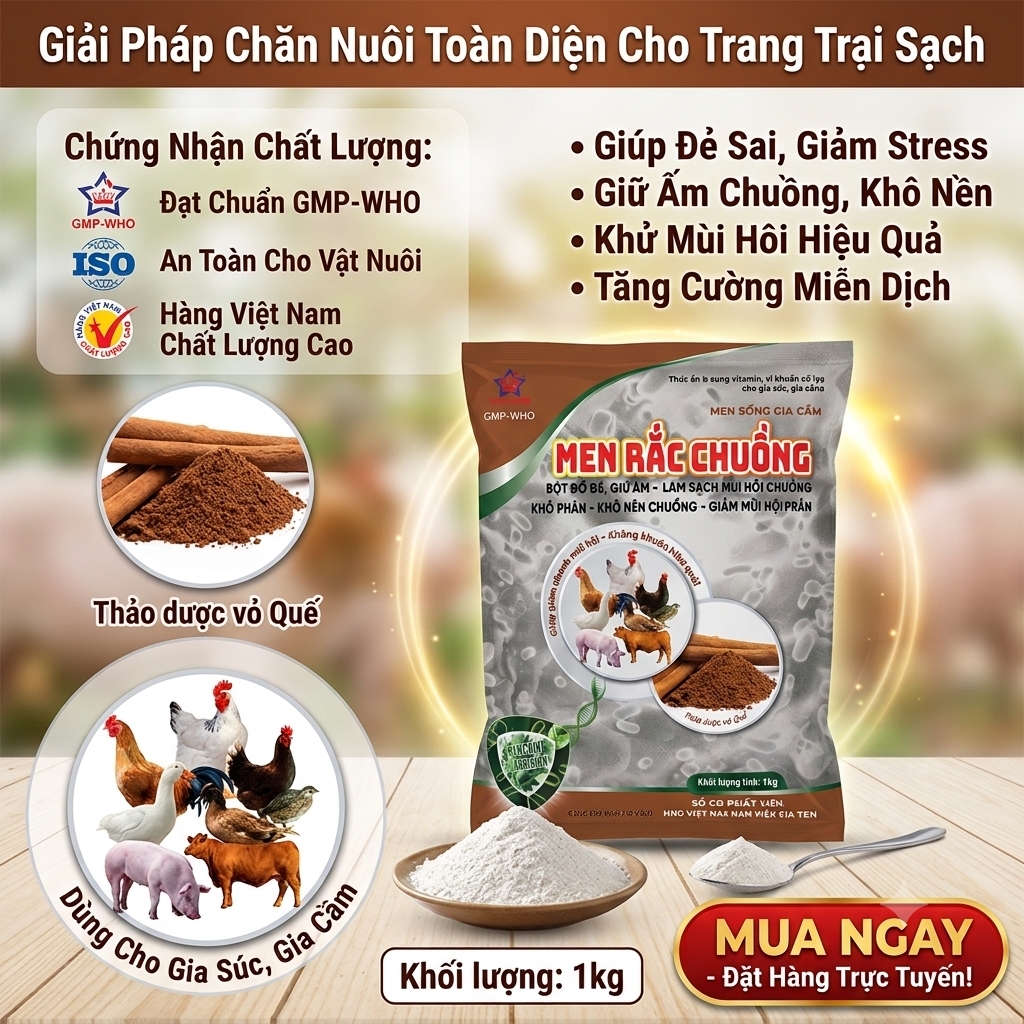 MEN RẮC CHUỒNG KHỬ MÙI HÔI CHUỒNG GÀ (1kg) - BỘT QUẾ ĐUỔI CÔN TRÙNG