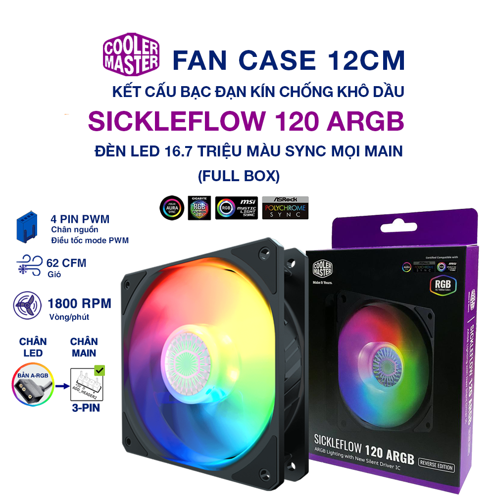 Quạt tản nhiệt case máy tính cooler master sickleflow 120 argb - quạt sickleflow 12cm - sf120 argb