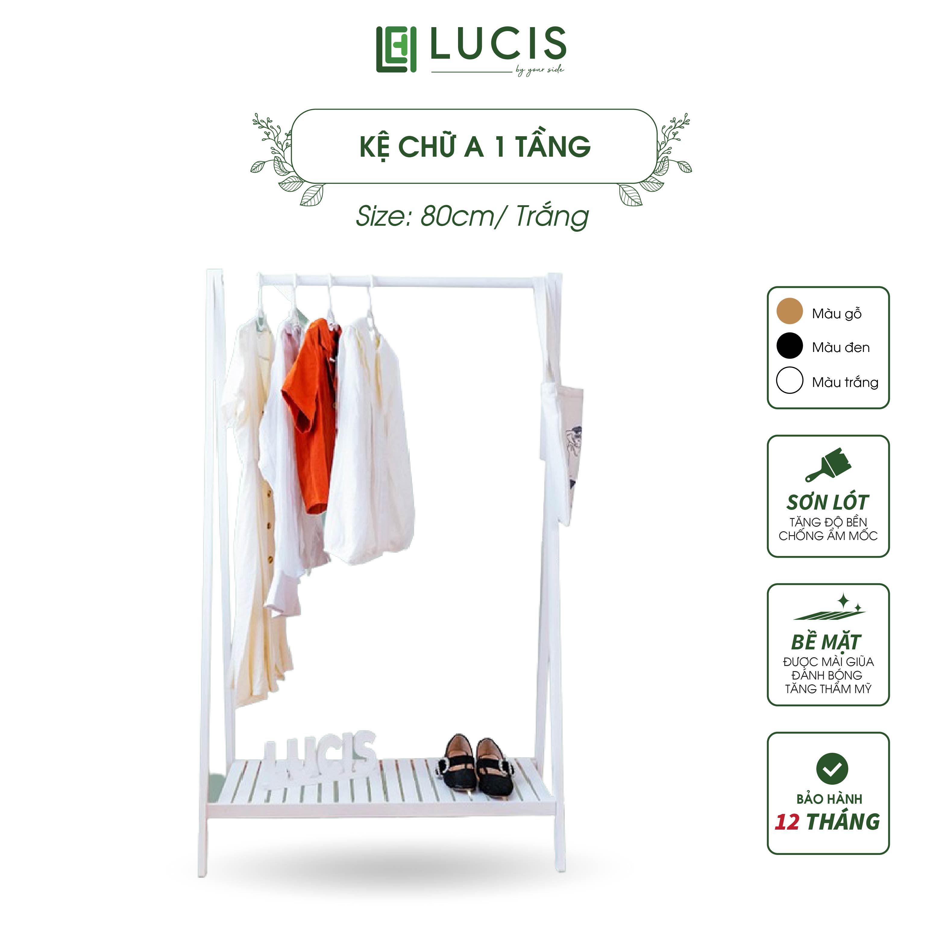 Kệ treo quần áo gỗ thông chữ A LUCIS màu trắng dài 80cm có 1 tầng để đồ túi ví giày dép nội thất phòng ngủ
