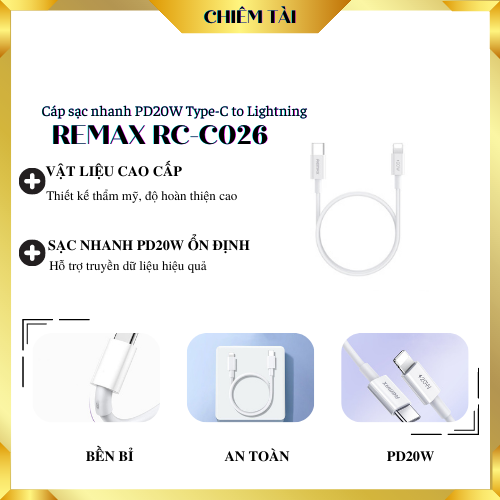 Cáp sạc nhanh pd20w type-c to lightning remax rc-c026