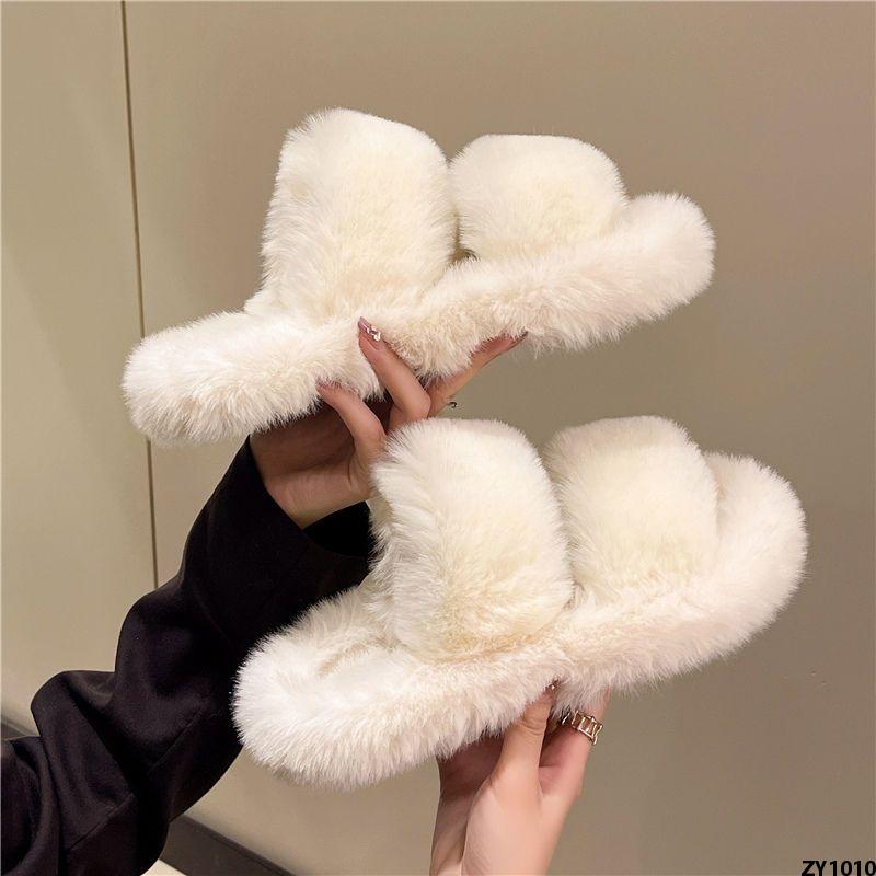 Đi Dép Lê Lông 2023 Thời Trang Ngoài Nữ ins Dép Lê Quai Ngang Cotton Giữ Ấm Lót Nhung Đế Dày Thu Đông Mẫu Mới