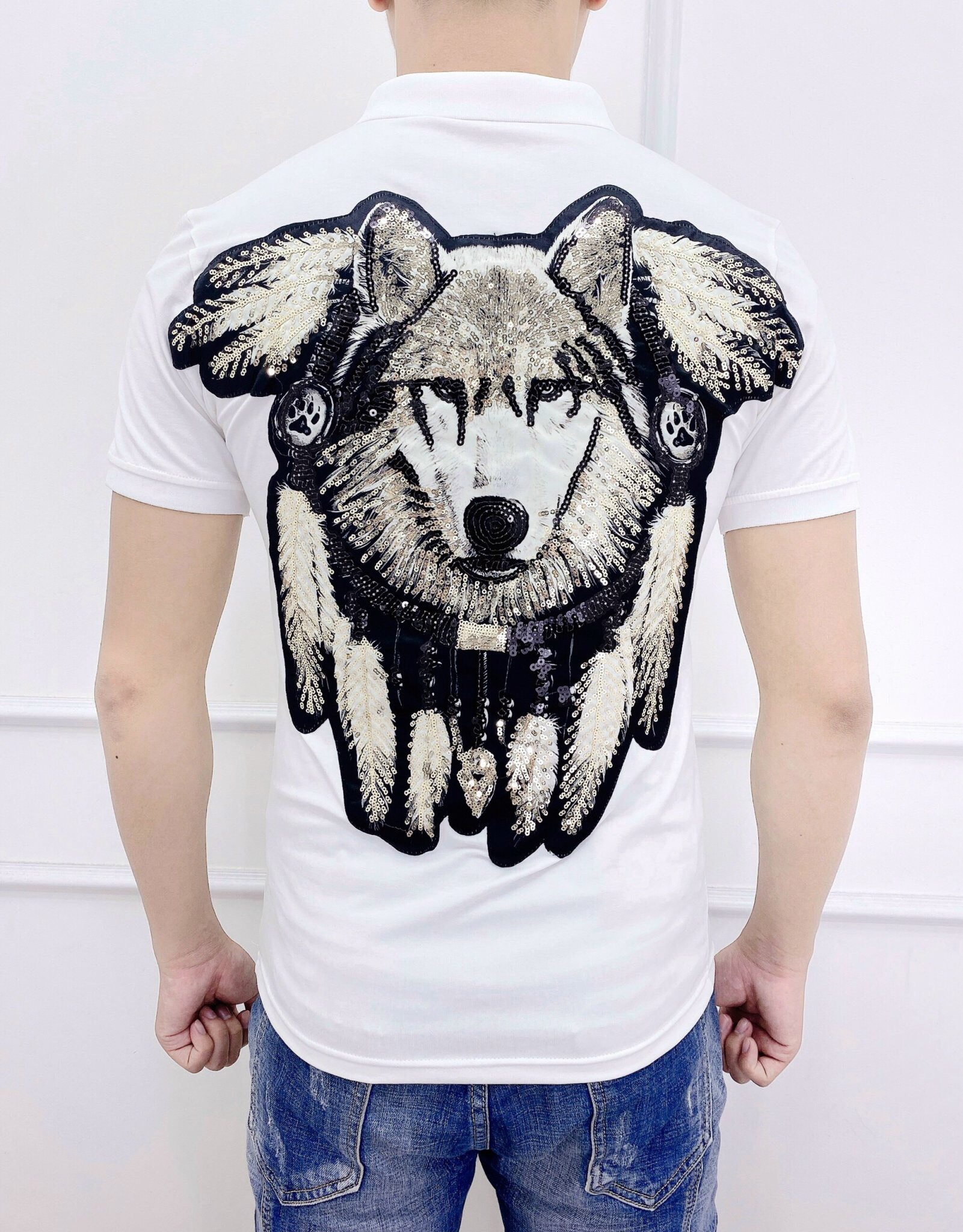 Áo polo nam hình chó sói đính hạt kim sa chất Cotton 100%