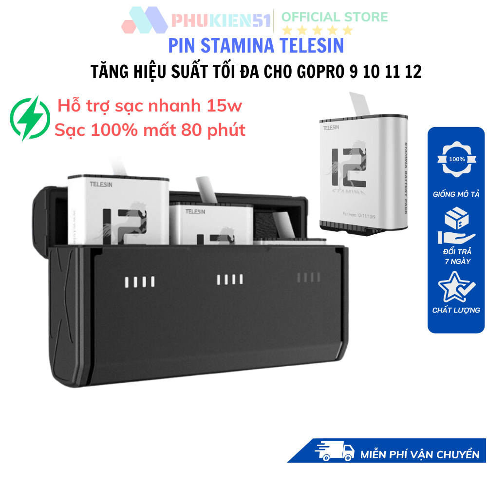 Pin gopro telesin stamina- tăng tối đa hiệu suất gopro hero 9/10/11 black-hàng chinh hãng