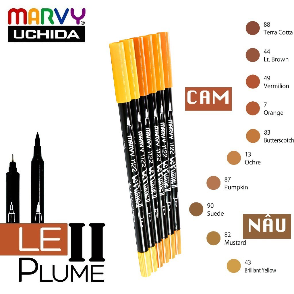 Bút brush hai đầu marvy uchida le plume ii tông cam - nâu- vàng