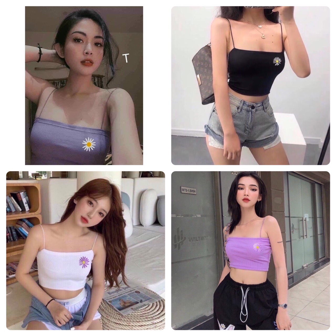 Áo hai dây sợ bún thêu hoa cúc chất thun pozip