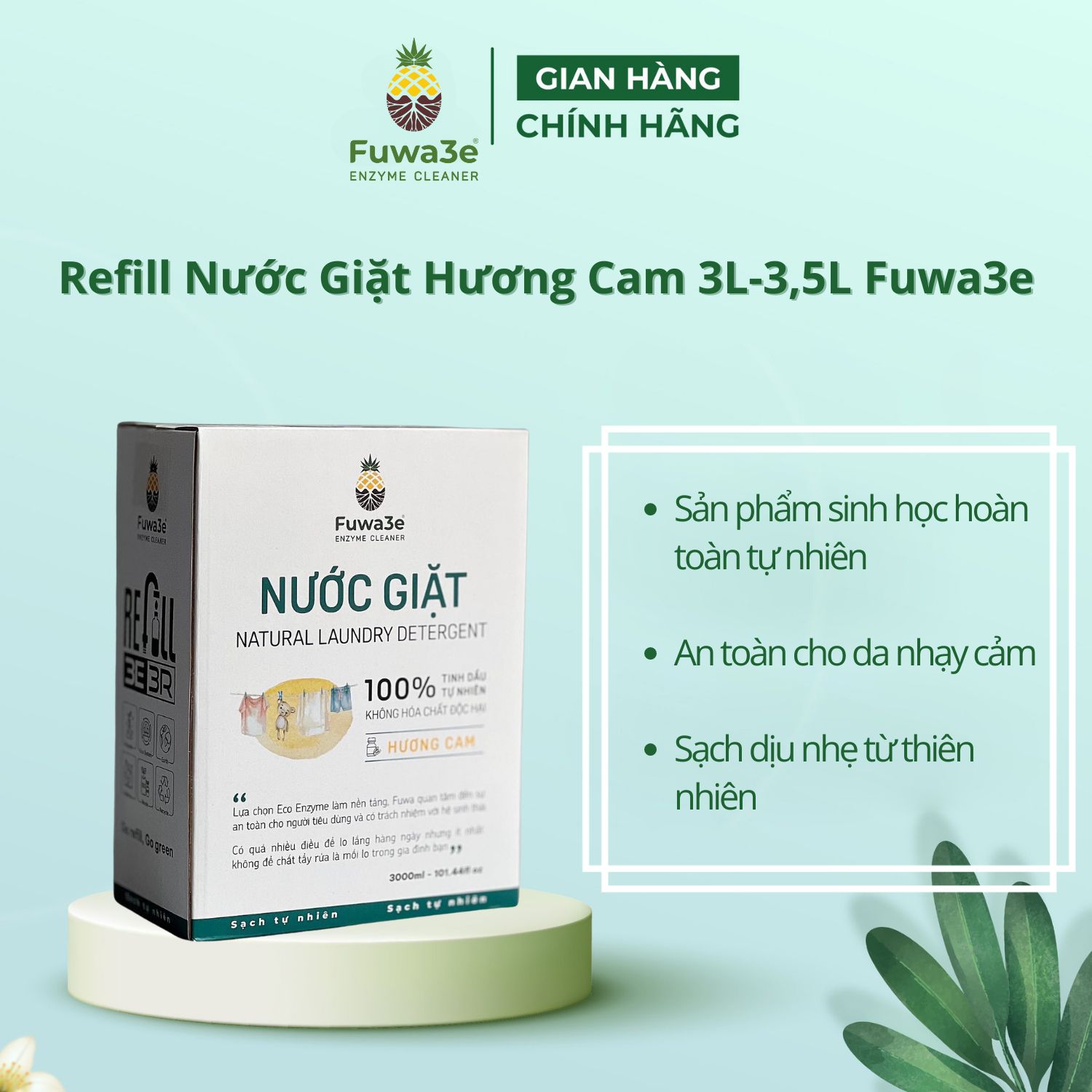 Nước giặt Fuwa3e từ Enzyme sinh học hương cam hộp refill 3L giặt quần áo đồ lót, an toàn cho em bé