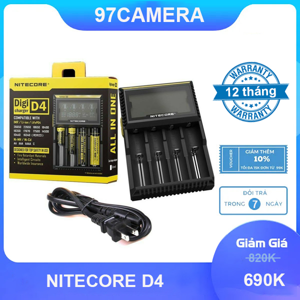 Bh 12 tháng - sạc pin nitecore d4, sạc pin đa năng cho pin 18650, 26650, aa, aaa, trung c,...