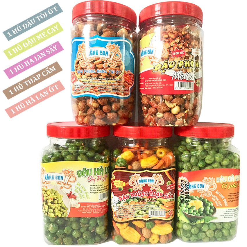Combo 5 Hủ: Đậu Phộng Rang Tỏi Ớt + Đậu Hà Lan + Đậu Hà Lan Ớt + Đậu Phộng Nước Cốt Dừa + Đậu Thập Cẩm - combo ăn vặt, đậu và hạt, thực phẩm chế biến sẵn