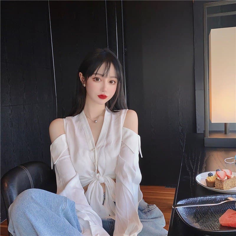 Áo Sơ Mi Khoét Hở Vai Thắt Dây Eo ( TRẮNG + ĐEN )