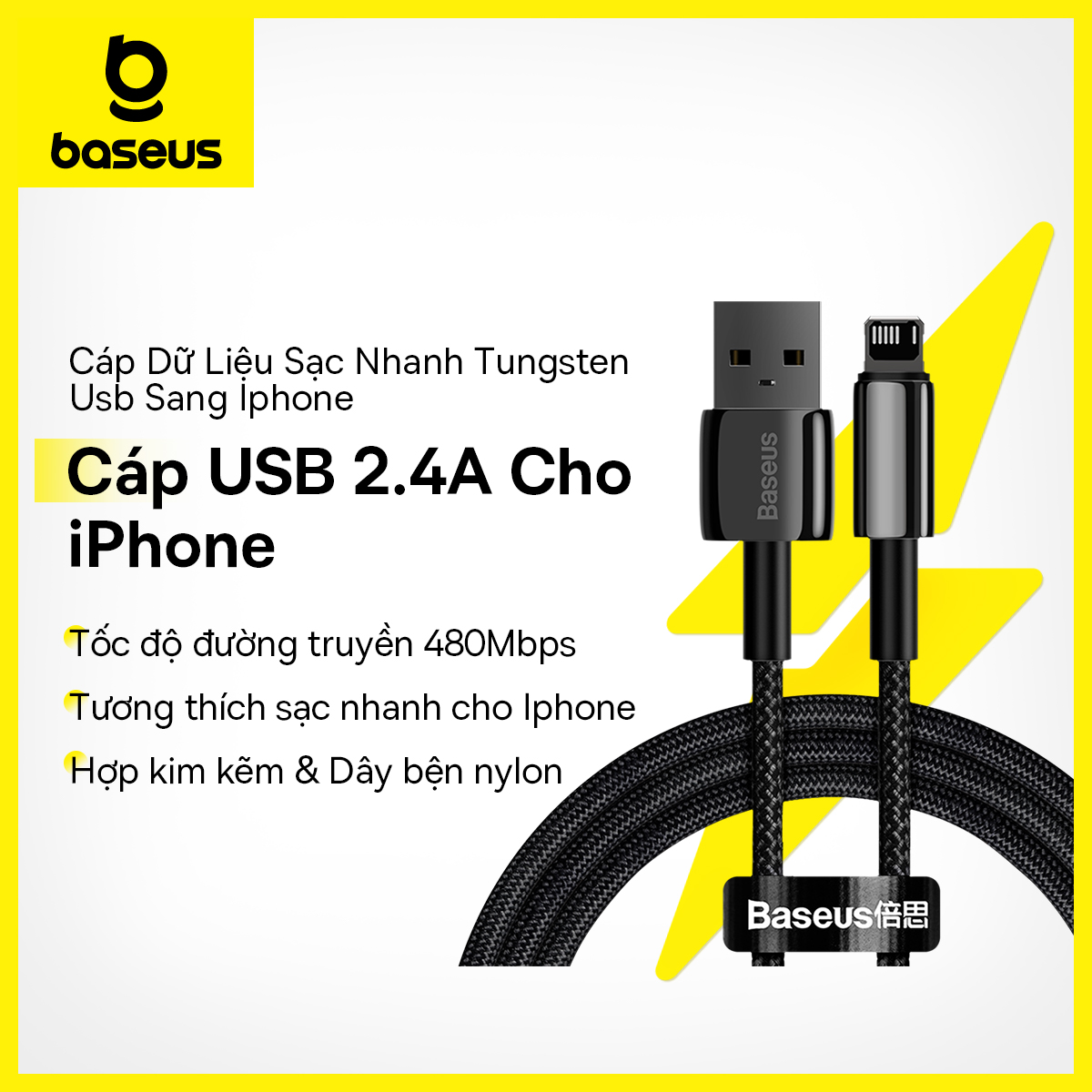 Cáp sạc nhanh baseus 2.4a cho iphone 12 11 pro max xr xs x cáp usb cho iphone 11 sạc usb sang dây dữ liệu lighting dây