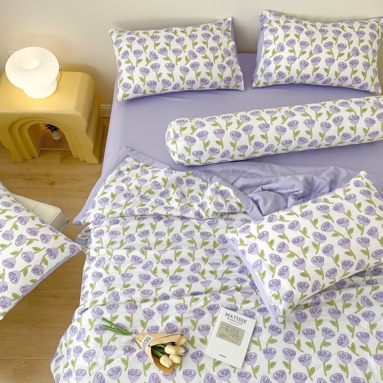 [HCM]Bộ Drap mền  cotton đũi 5 món /chăn hè chần bông/ áo ôm may dây kéo.