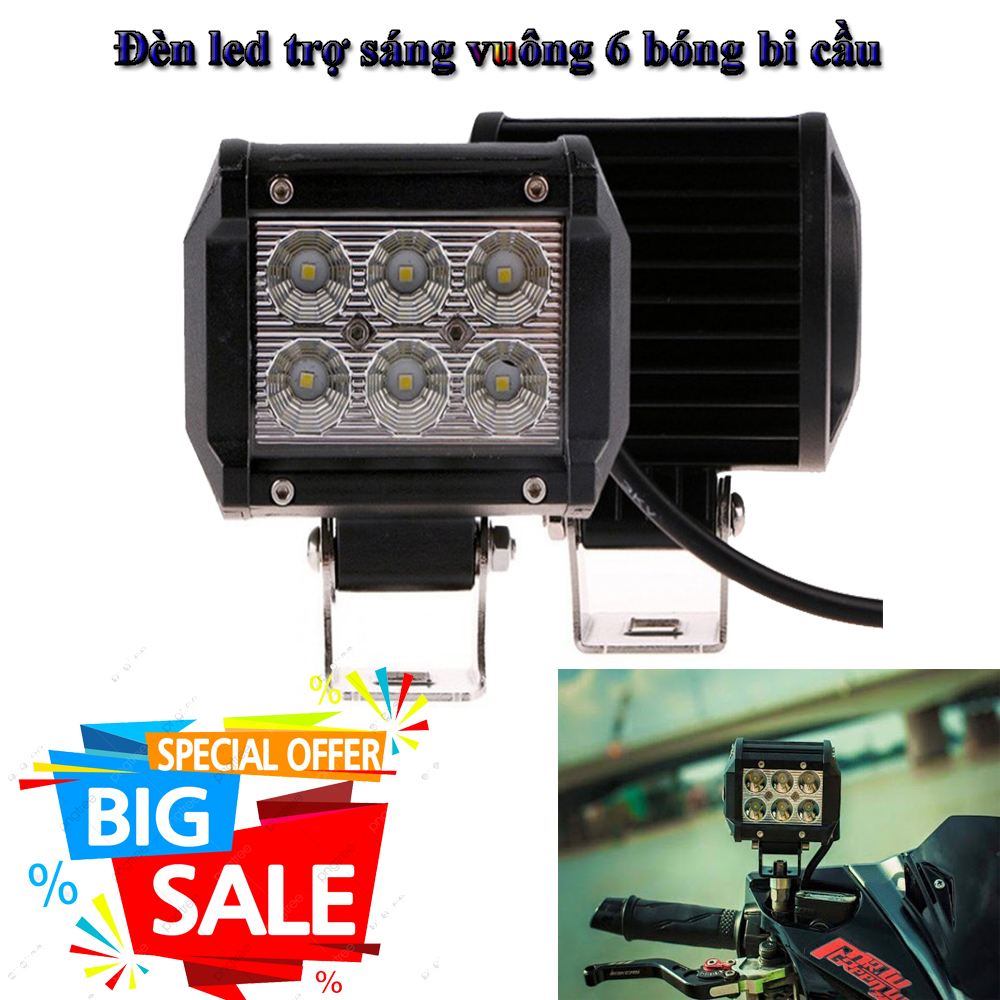 Đèn led trợ sáng vuông 6 bóng bi cầu dành cho mô tô, xe máy + Tặng công tắc , độ soi sáng với khoảng cách xa , đèn trợ sáng cao câp, BH 6 tháng.