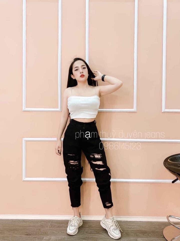 Quần jean nữ dáng baggi rach bụi - quần đen baggy rách