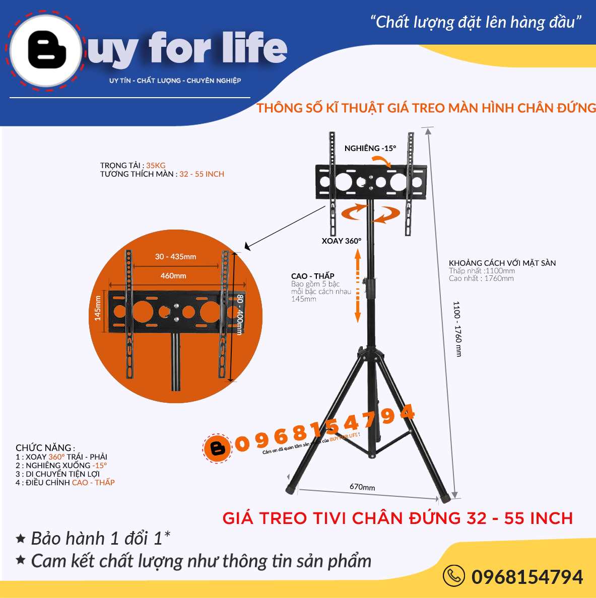GIÁ TREO MÀN HÌNH 3 CHÂN ĐỨNG 32 - 55 INCH - XOAY 360 ĐỘ