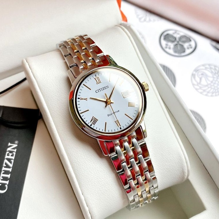 Đồng hồ Nữ Citizen Eco Drive năng lượng ánh sáng, kính Sapphire, dây thép không gỉ, size 27mm EW1584-59A
