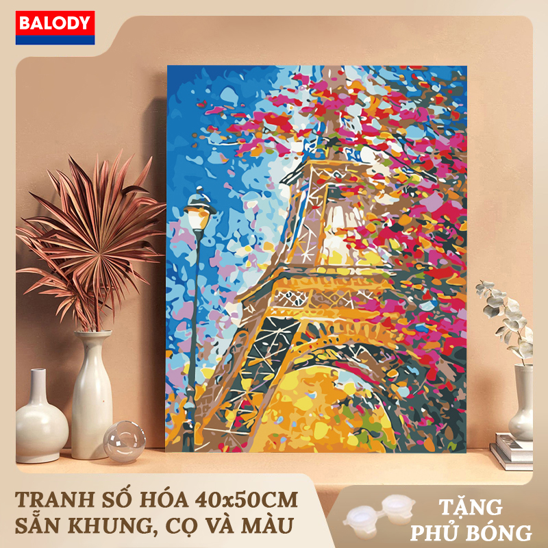 Tranh tô màu số hóa tháp eiffel ở paris ms382 40x50cm balody có khung, màu, cọ, móc treo tường