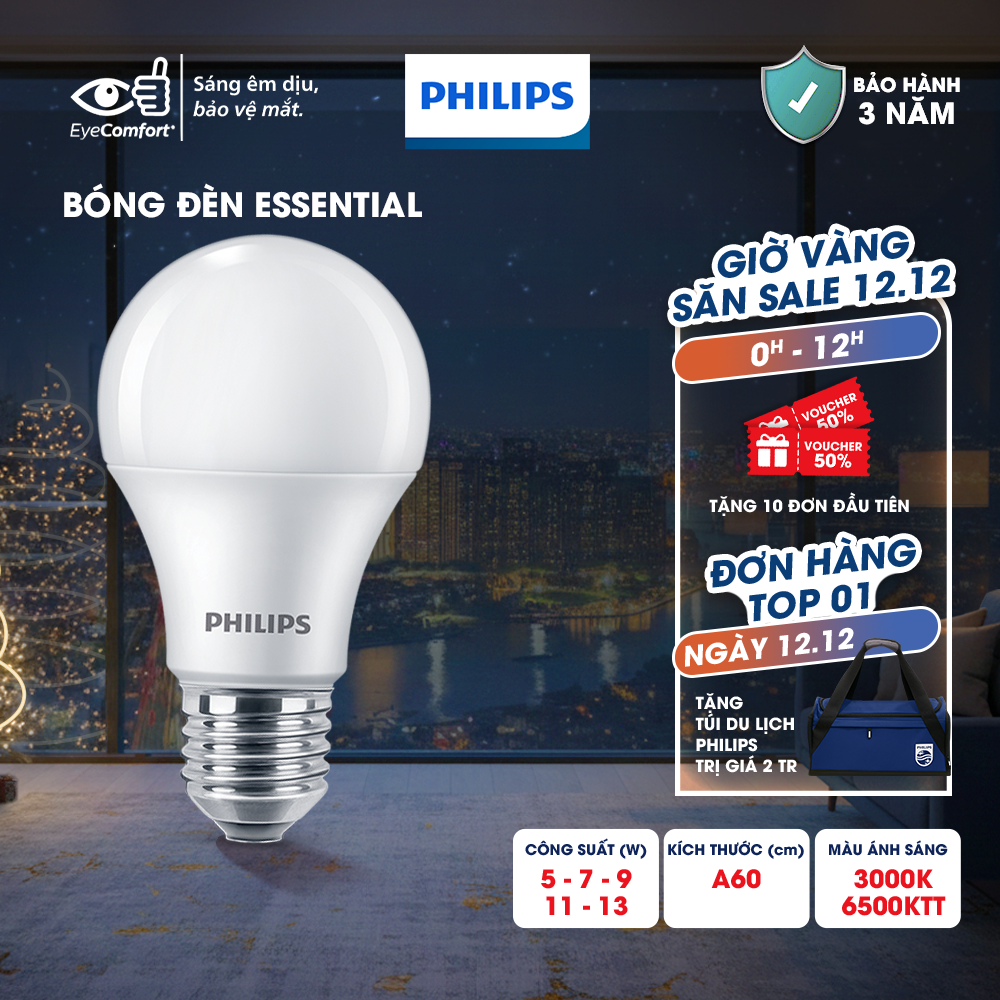  Bóng đèn Philips LED tiết kiệm điện Essential E27 5W 7W 9W 11W 13W  vàng trắng   01 bóng  