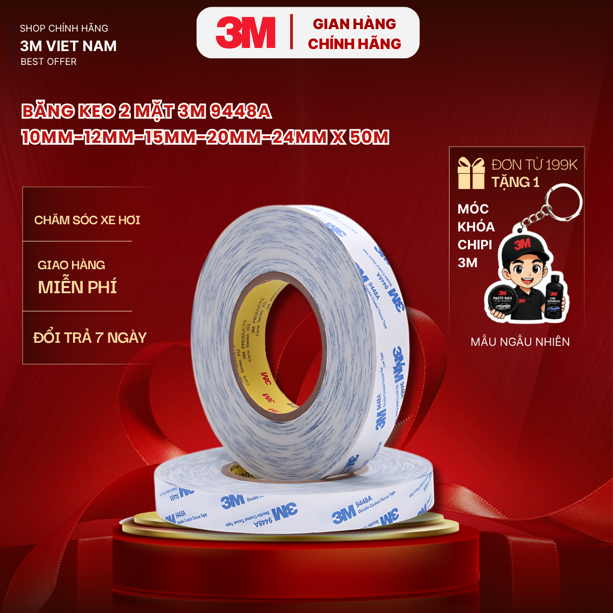 Băng keo 2 mặt mỏng 3M Double Coated Tissue Tape 9448A - nhiều size - Trắng xanh
