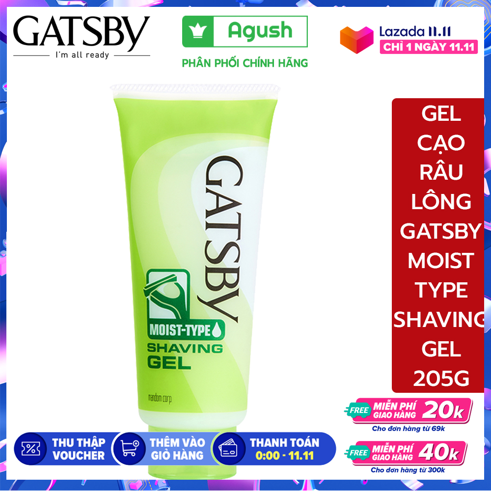 Gel cạo râu lông vùng kín nam nữ Gatsby Moist-Type Shaving Gel 205g trong suốt bám dính vào da dưỡng và giữ ẩm không dính sau cạo mùi hương thơm cam chanh tự nhiên