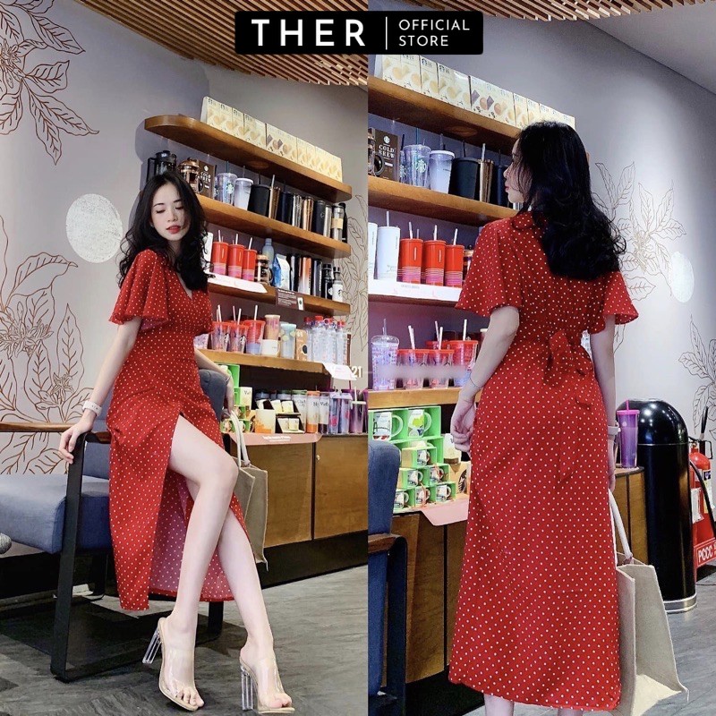 Đầm đi dự tiệc cưới xẻ tà thắt nơ sau sang trọng, đầm đi sự kiện cổ v chấm bi màu đỏ - dx0084