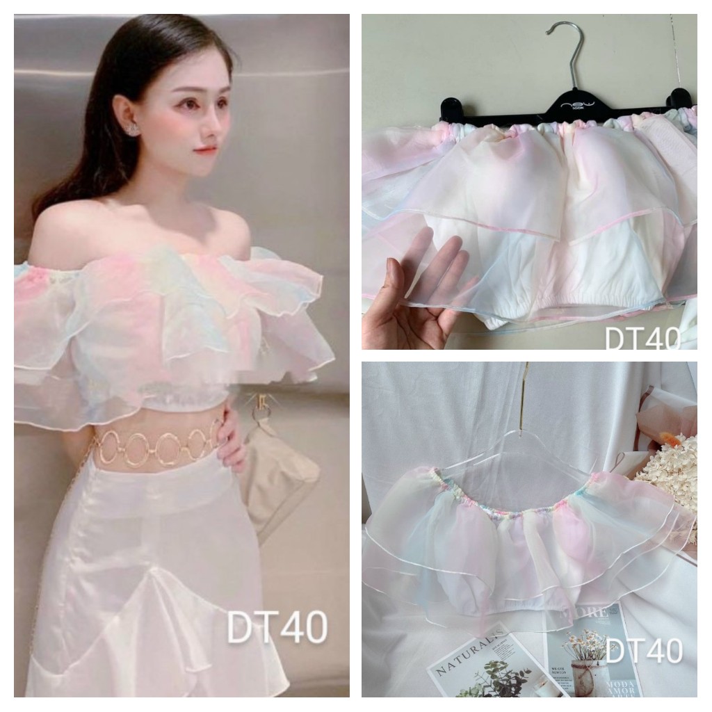 Áo bẹt vai voan kiến phối màu siu xinh Cam Kết Hàng Y Hình Kèm Ảnh Thật Chính Chủ ( Size dưới 53kg )