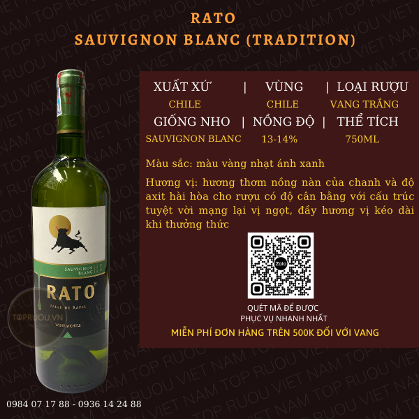 Vang trắng rato sauvigno.n blanc 750ml - chile - 13-14%