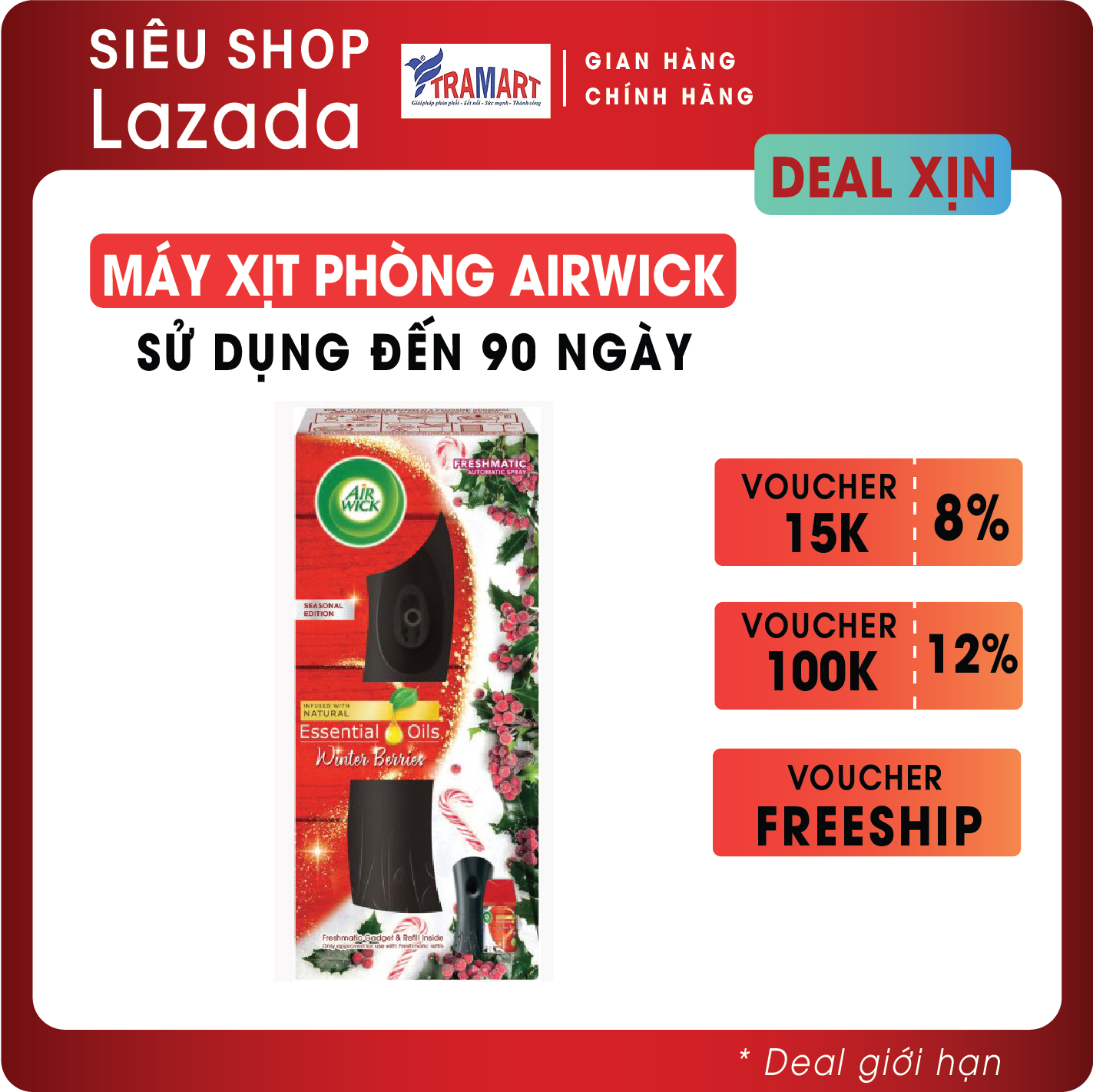 Máy xịt thơm phòng tự động Airwick AWK9340 Winter Berries 250ml , làm thơm nhiều không gian nhanh chóng