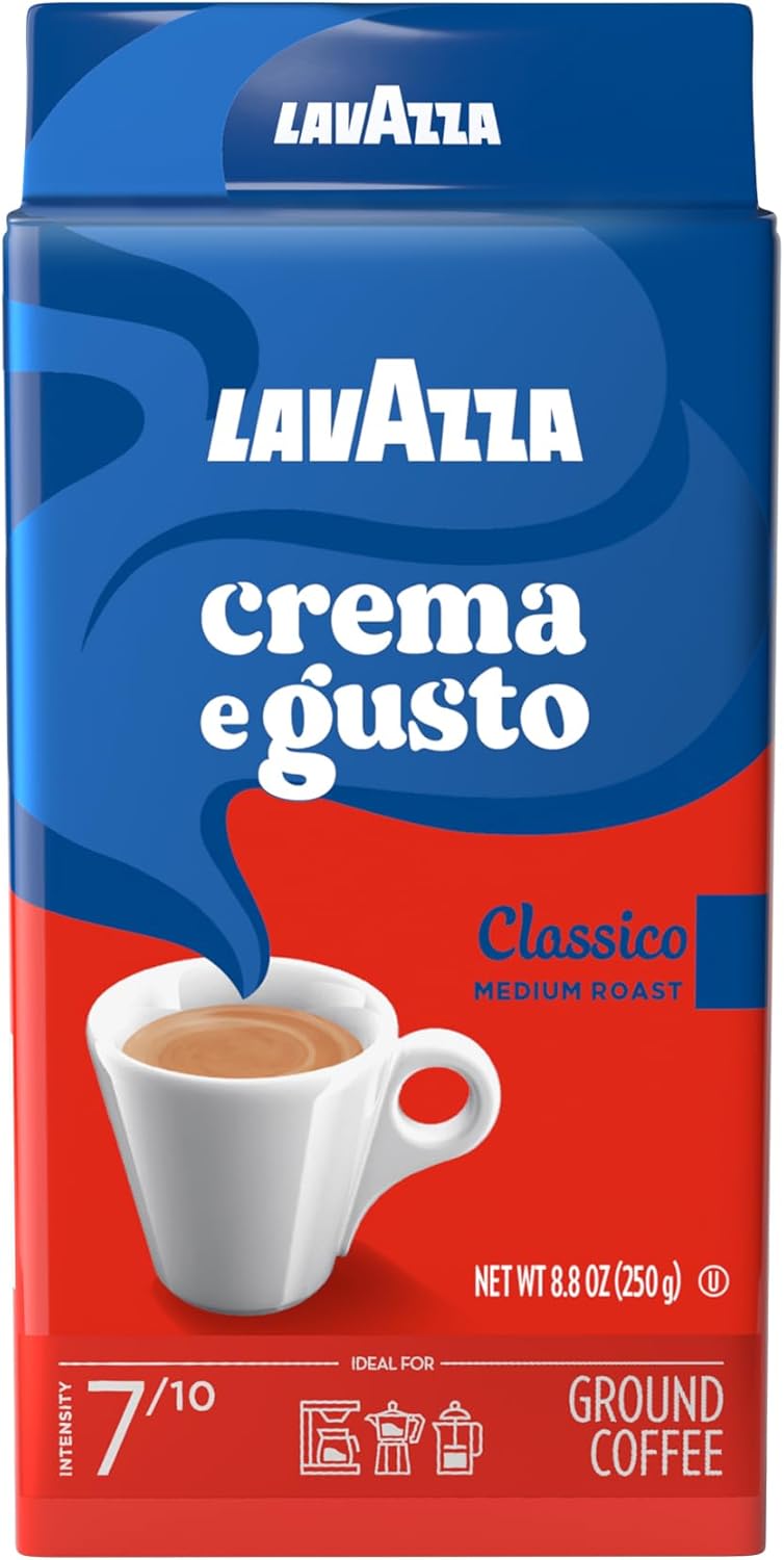 Cafe xay hàng Pháp Lavazza Crema e Gusto Ground Coffee, Medium Roast, Arabica and Robusta Blend, 8.8 oz Brick (250g)