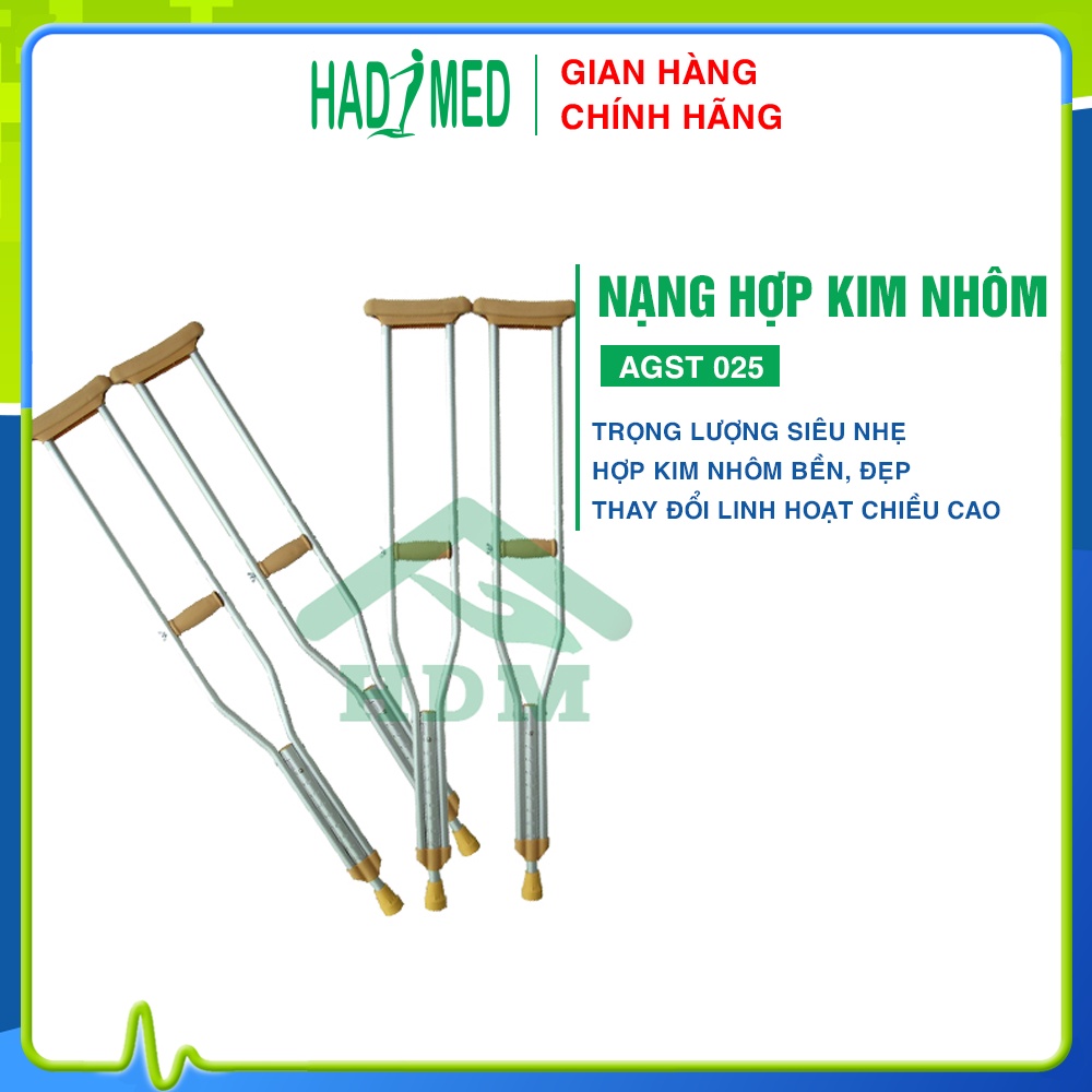 Nạng chống nách cao cấp HDM | Nạng hợp kim nhôm nhẹ hỗ trợ người bệnh, người tàn tật, già yếu | hadimed
