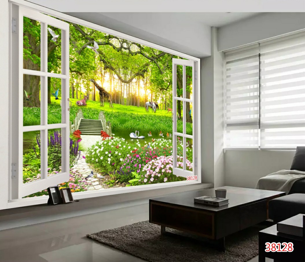 Tranh dán tường 3d khung cửa sổ phong cảnh trang trí phòng khách hàng quán đẹp giá rẻ chất liệu decal pp keo sẵn bóc dán atm