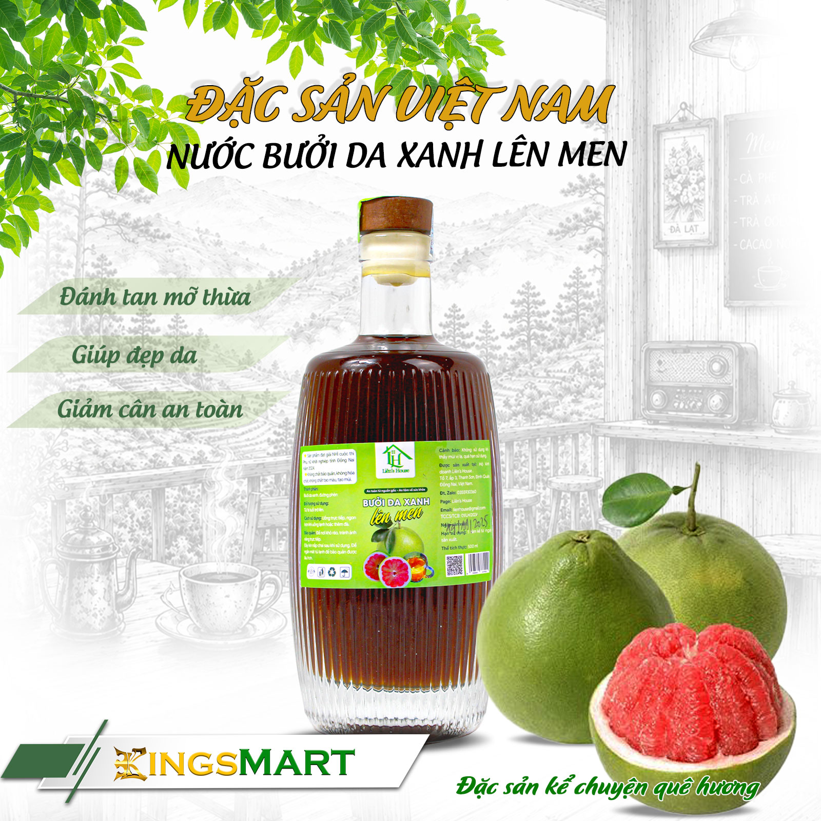 Nước bưởi lên men đường phèn - Thương hiệu LIÊN'S HOUSE - Đặc sản Đồng Nai - Chai thủy tinh 500ml - Kingsmart