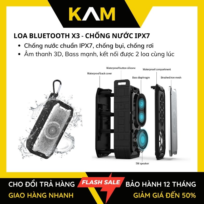 Loa Bluetooth chống nước X3 Loa ngoài trời chống bụi chống rơi, hỗ trợ cỗng AUX, thẻ nhớ, USB chơi nhạ MP3, WAV, có Radio - KAMTrading