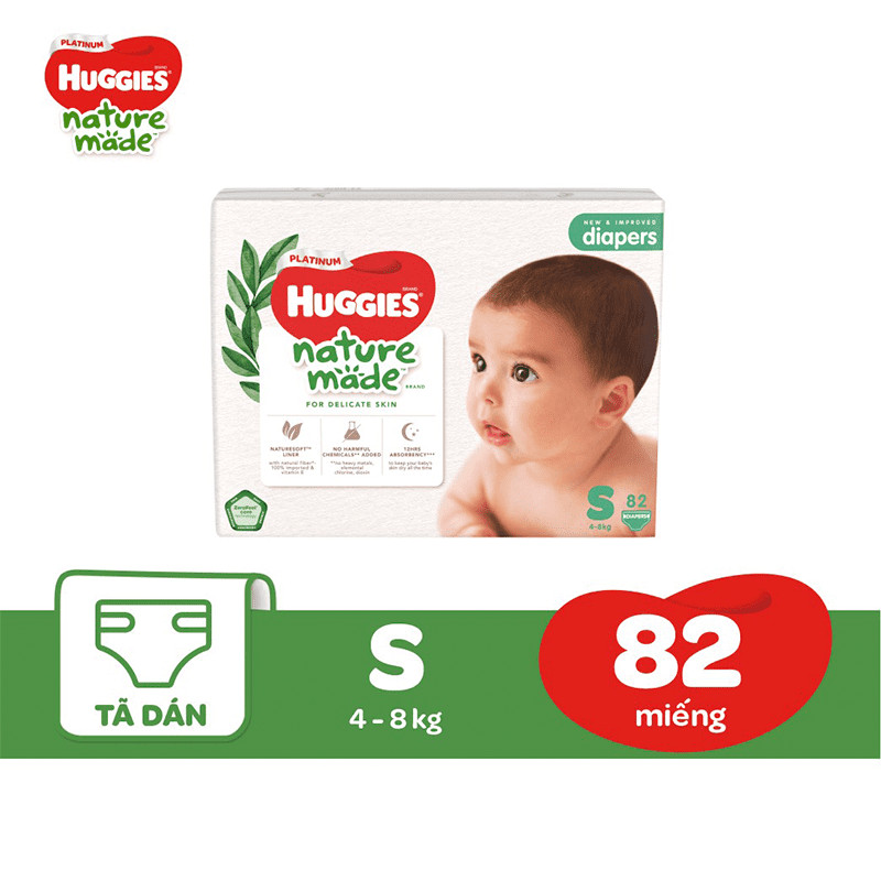 Tã/Bỉm dán siêu cao cấp Huggies Platinum Nature Made size S82