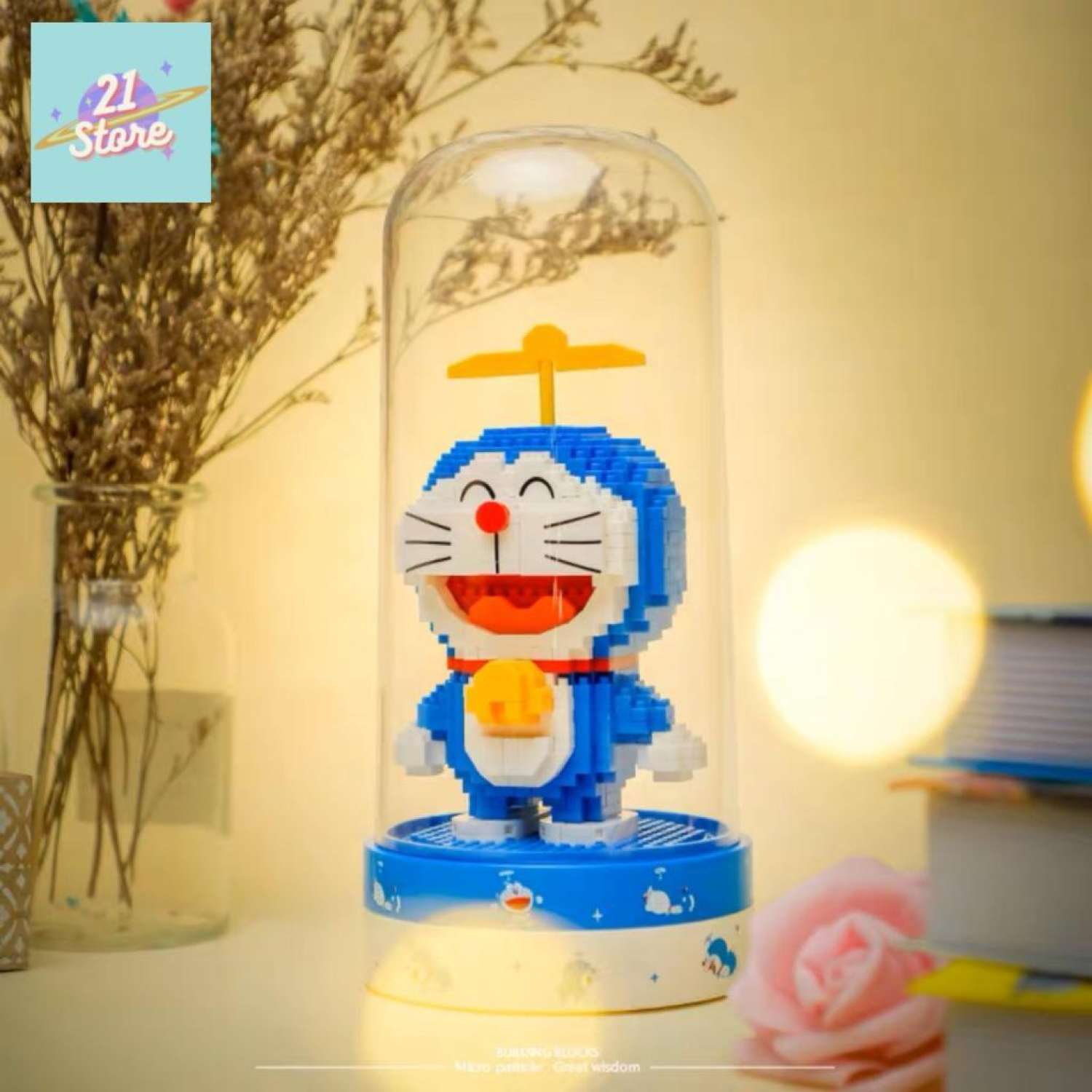 Lego Doremon tự lắp ráp kèm đế và lồng mica chống bụi