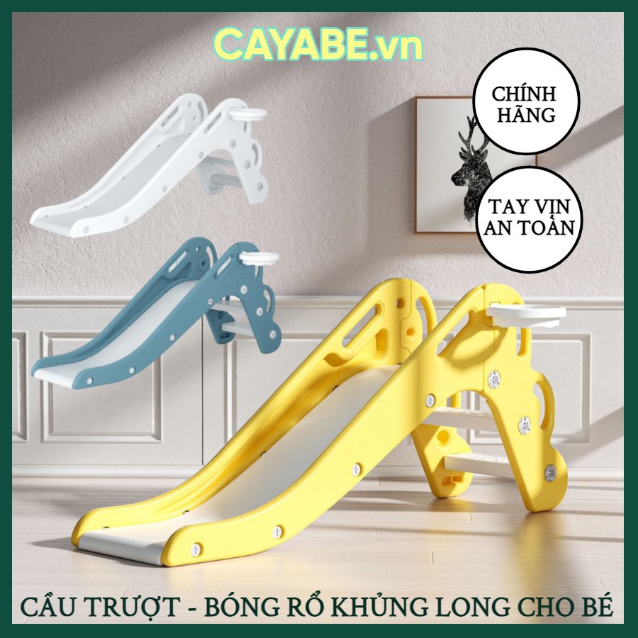 Cầu trượt cho bé khủng long CAYABE có cột bóng rổ màu trắng xanh dương