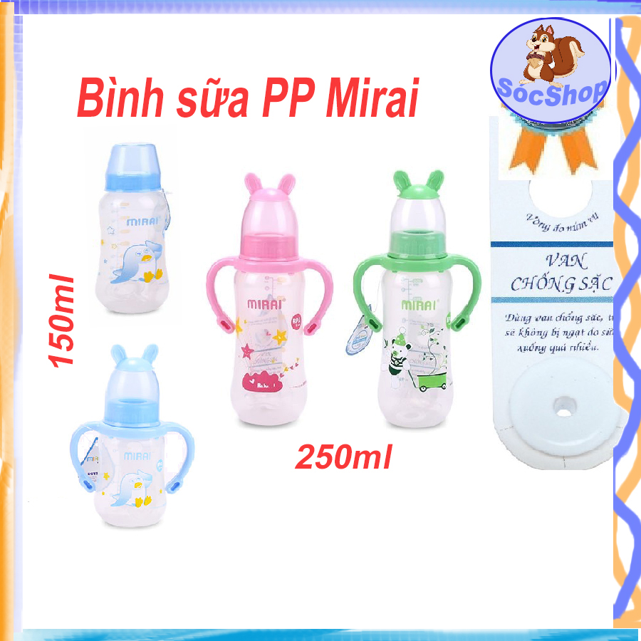 Bình sữa PP Mirai 250ml - 150ml với nhiều màu sắc hoạ tiết in hình ngộ nghĩnh cho bé giá cả phải chăng