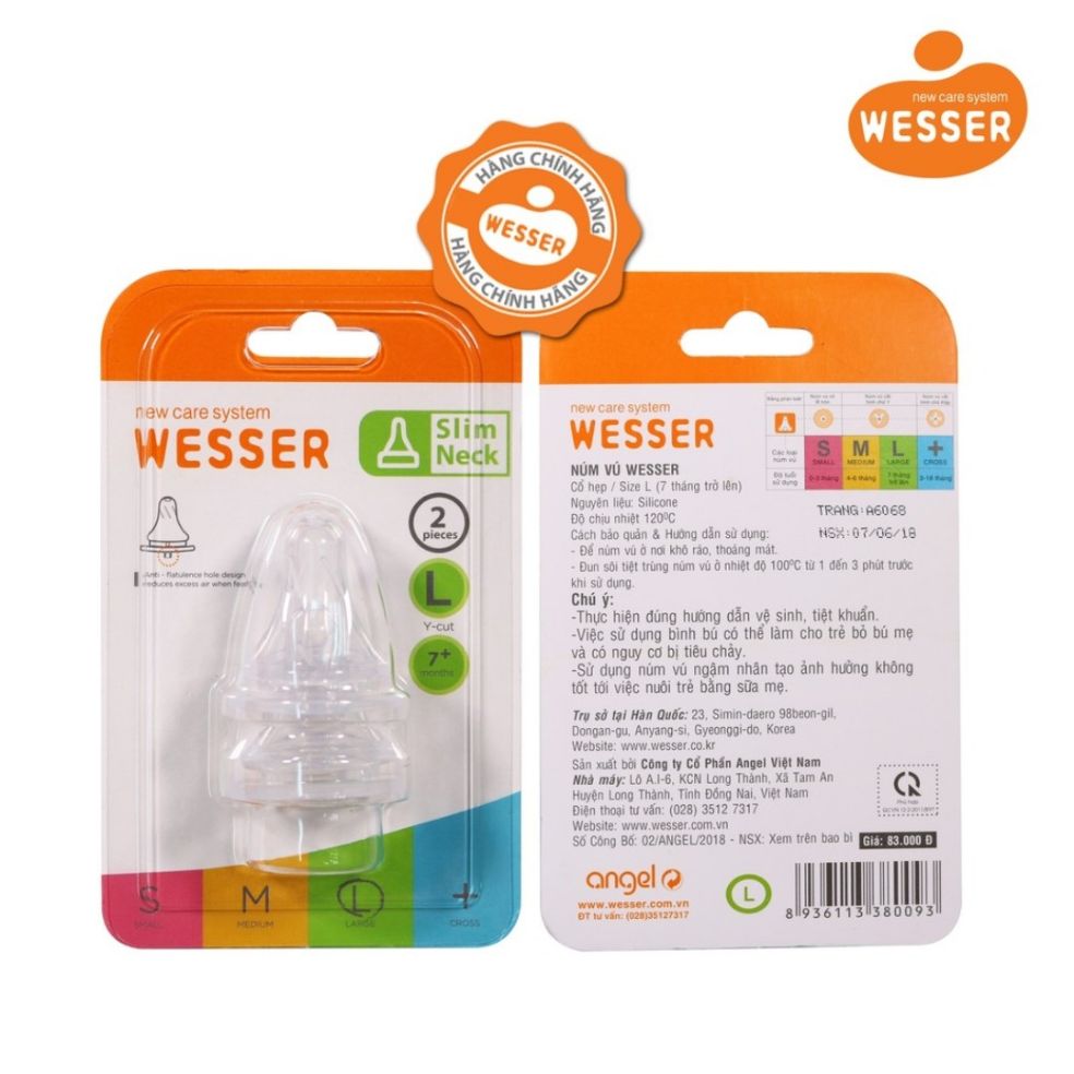 Núm vú Wesser cổ hẹp Size L Núm vú silicon mềm mại an toàn cho bé 1 vĩ/2 cái