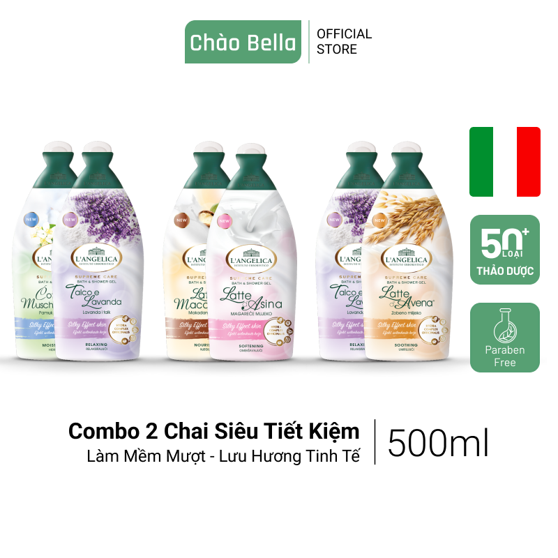 Combo Sữa Tắm Thảo Dược Cao Cấp Nhập Khẩu Ý L'Angelica (5 Mùi Hương Quyến Rũ) 500ml