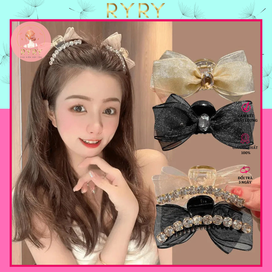 Kẹp tóc nơ đính đá hai mặt thanh lịch phong cách hàn quốc mới