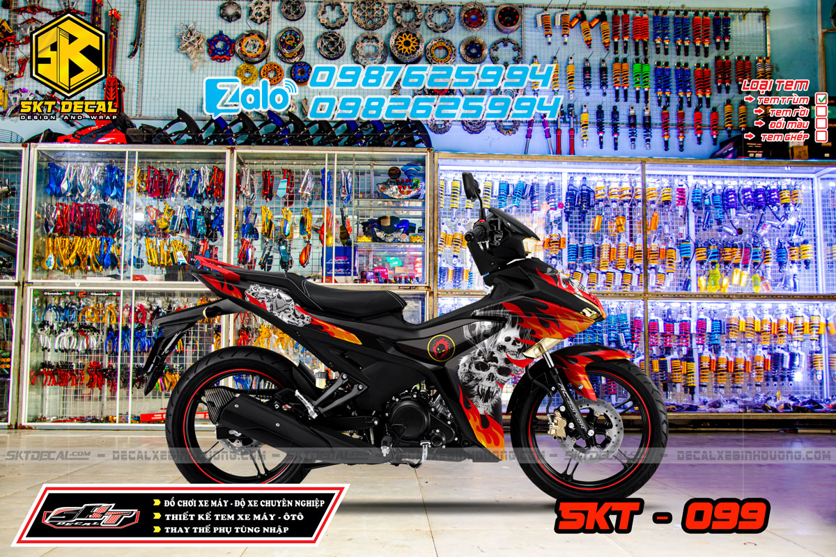 tem trùm exciter 155 đỏ đen đầu lâu ngọn lửa