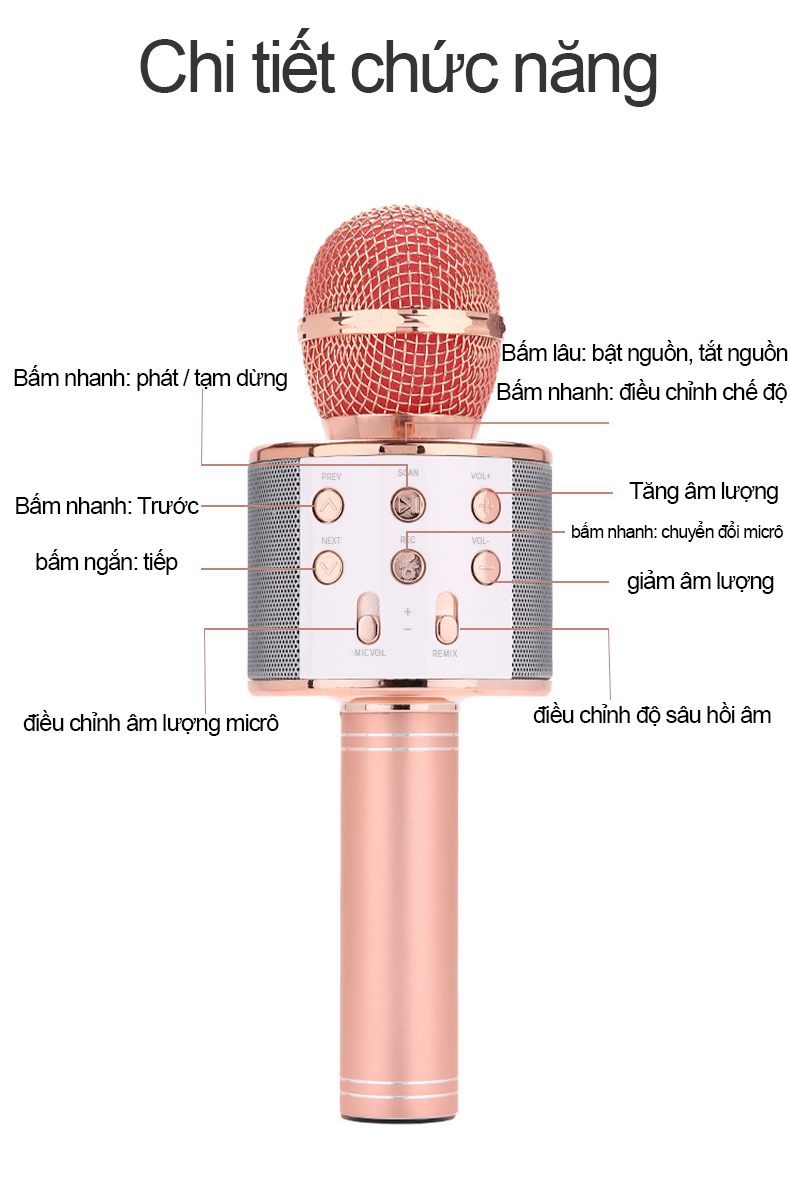 Mic Hát Karaoke Bluetooth Không Dây WS858 Kèm loa Âm vang Ấm mic hát karaoke