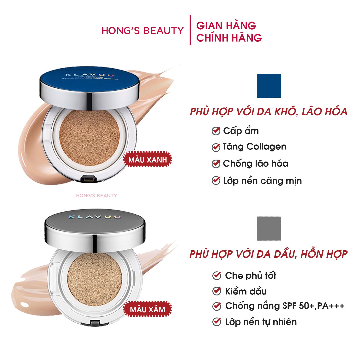 Phấn nước CHE KHUYẾT ĐIỂM KLAVUU CUSHION - Kiềm dầu, chất kem tiệp nhanh vào da, rất mềm mịn, chứa thành phần dưỡng da và SPF chống nắng - HONGS BEAUTY