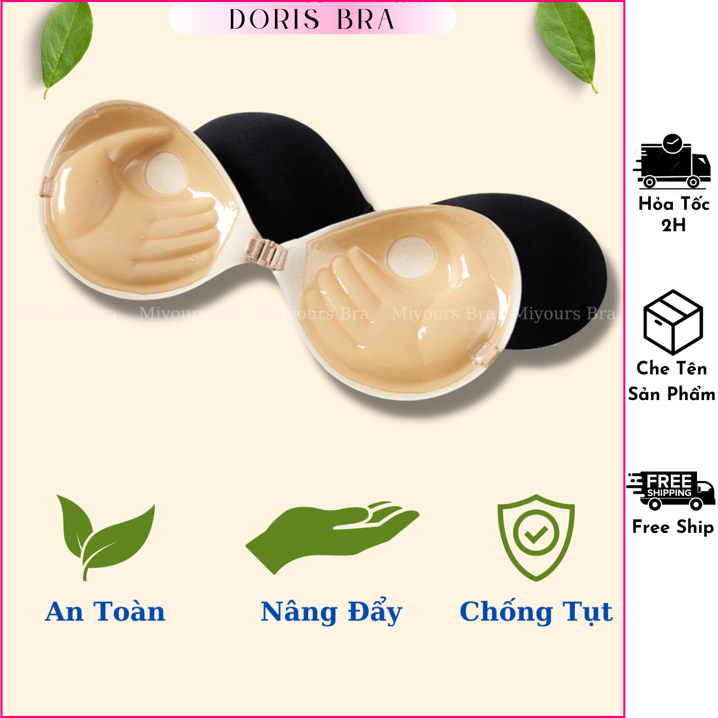 Áo lót nữ, miếng dán nâng ngực cài trước không gọng đệm dày bàn tay không dây hở vai sử dụng nhiều lần - Doris.Bra