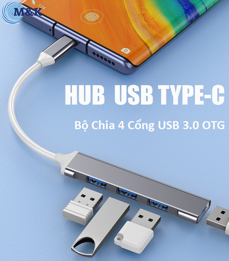 Hub type c và hub usb 3.0, bộ chia 4 cổng usb 3.0, usb otg