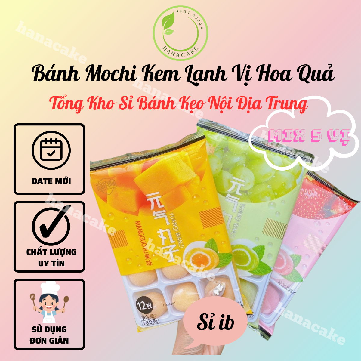 Bánh mochi khay kem lạnh vị hoa quả mix 5 vị chính hãng hanacake