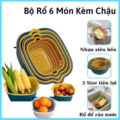 Bộ rổ nhựa 6 món kèm chậu đa năng đựng thực phẩm rau củ quả -set 6 món rổ kèm chậu bộ 3 rổ và chậu