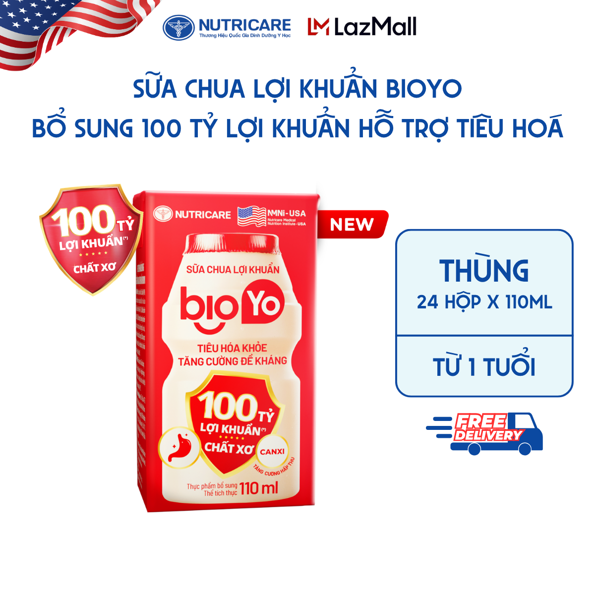 Thùng 24 Hộp Sữa Chua Lợi Khuẩn NUTRICARE BIOYO Bổ Sung 100 Tỷ Lợi Khuẩn Tăng Cường Đề Kháng Tiêu Hoá Khoẻ 110ml