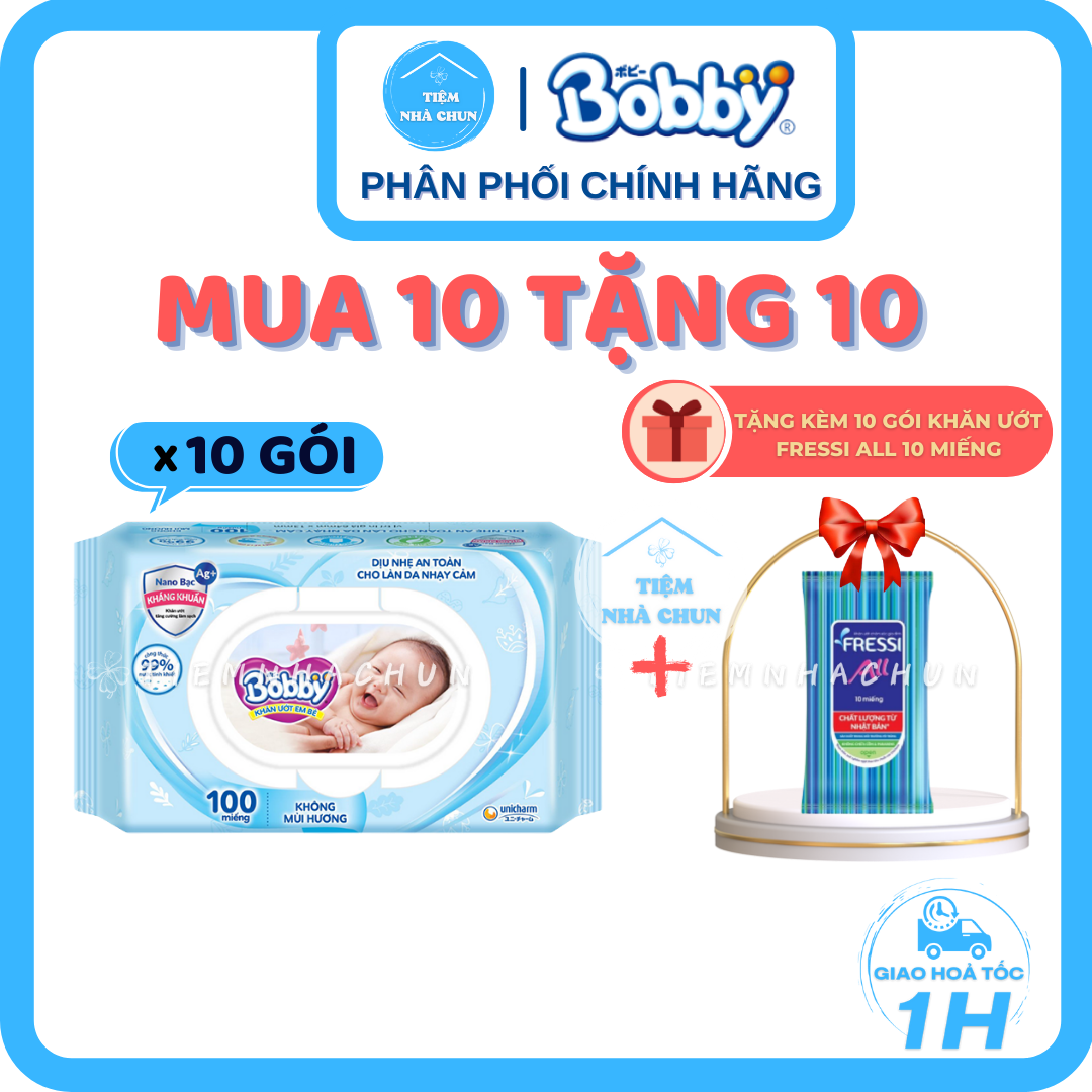 [KHĂN ƯỚT BOBBY] - Lốc 10 Gói 100 Miếng Khăn Giấy Ướt Em Bé Bobby Care Không Mùi/ Không Hương (Bobby