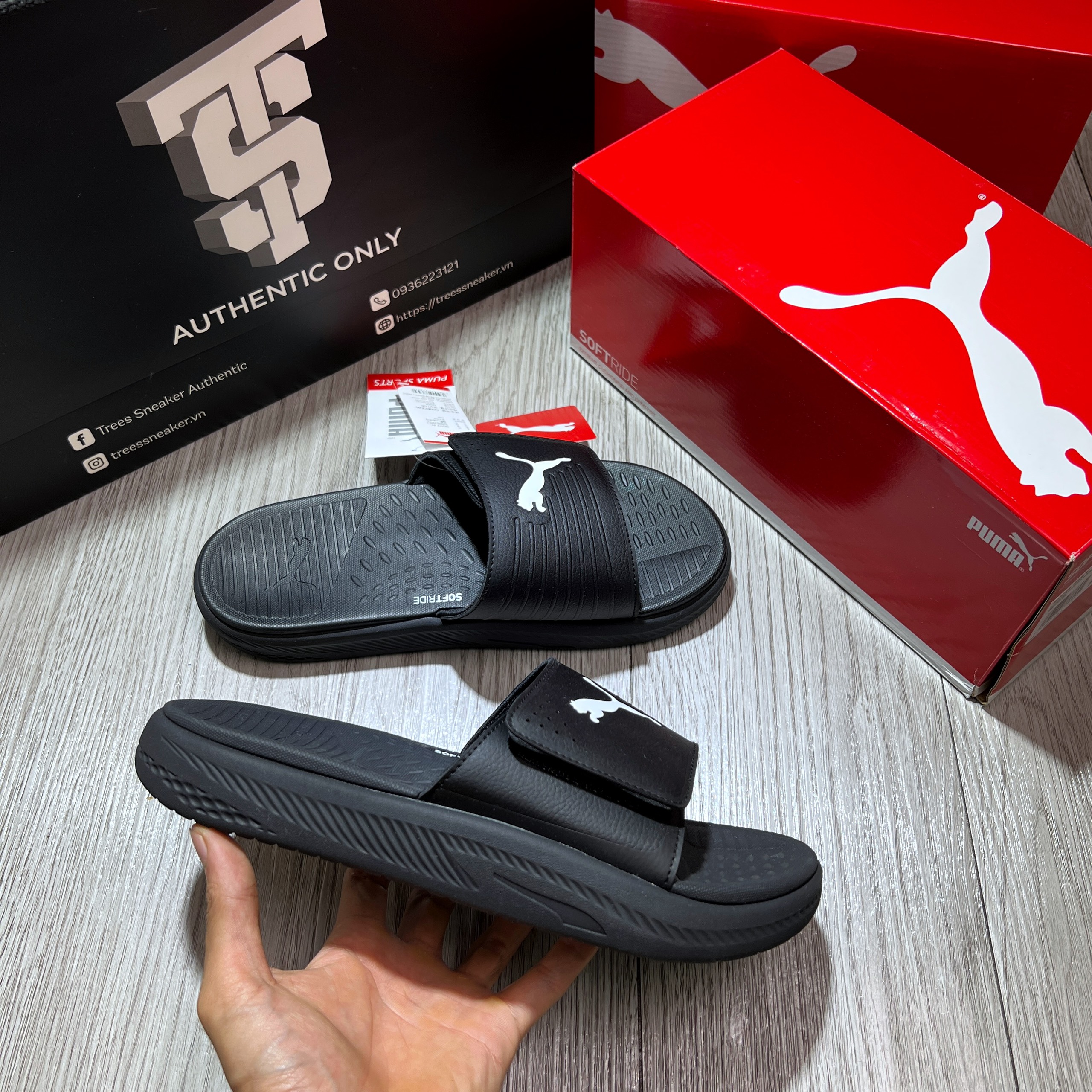 Dép puma soft ride velcro all black 382112 01