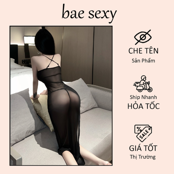 Đầm ngủ maxi ren xuyên thấu sexy gợi cảm váy ngủ 2 dây xẻ tà đùi đen nude dễ thương quyến rũ BAE SEXY N137 - TPHCM
